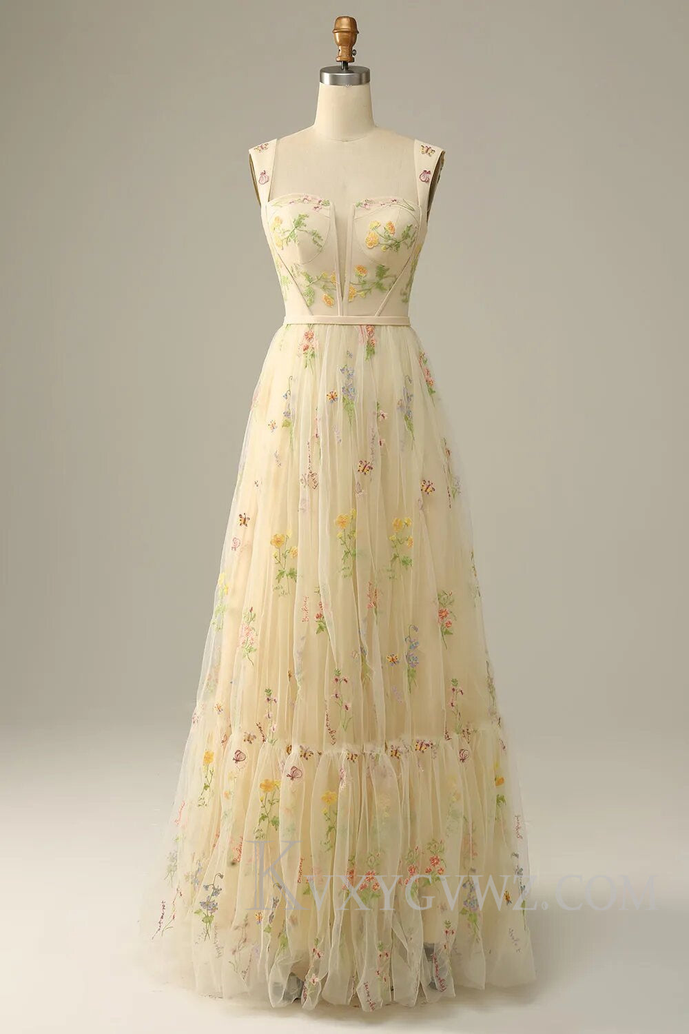 Champagne A-Line Floor Length Embroidery Prom Dress LF120