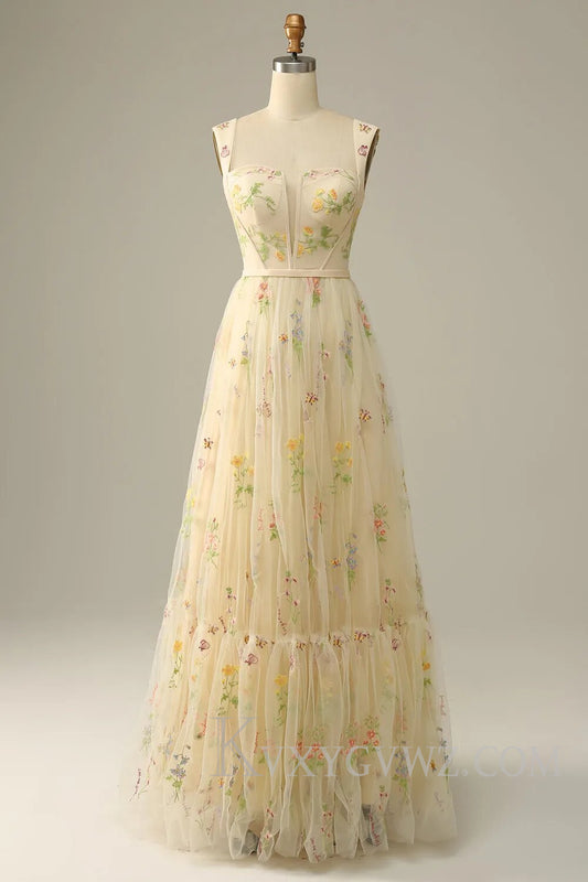 Champagne A-Line Floor Length Embroidery Prom Dress LF120