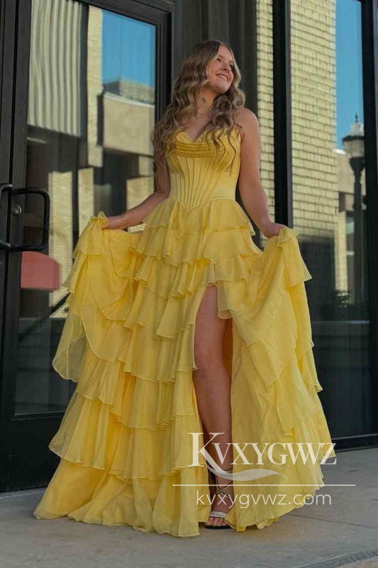 Stunning A Line Yellow Evening Gown Sweetheart Chiffon Tiered Long Prom Dress LF1200