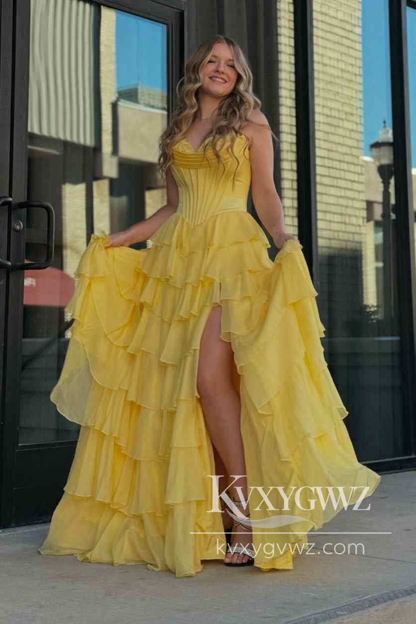 Stunning A Line Yellow Evening Gown Sweetheart Chiffon Tiered Long Prom Dress LF1200