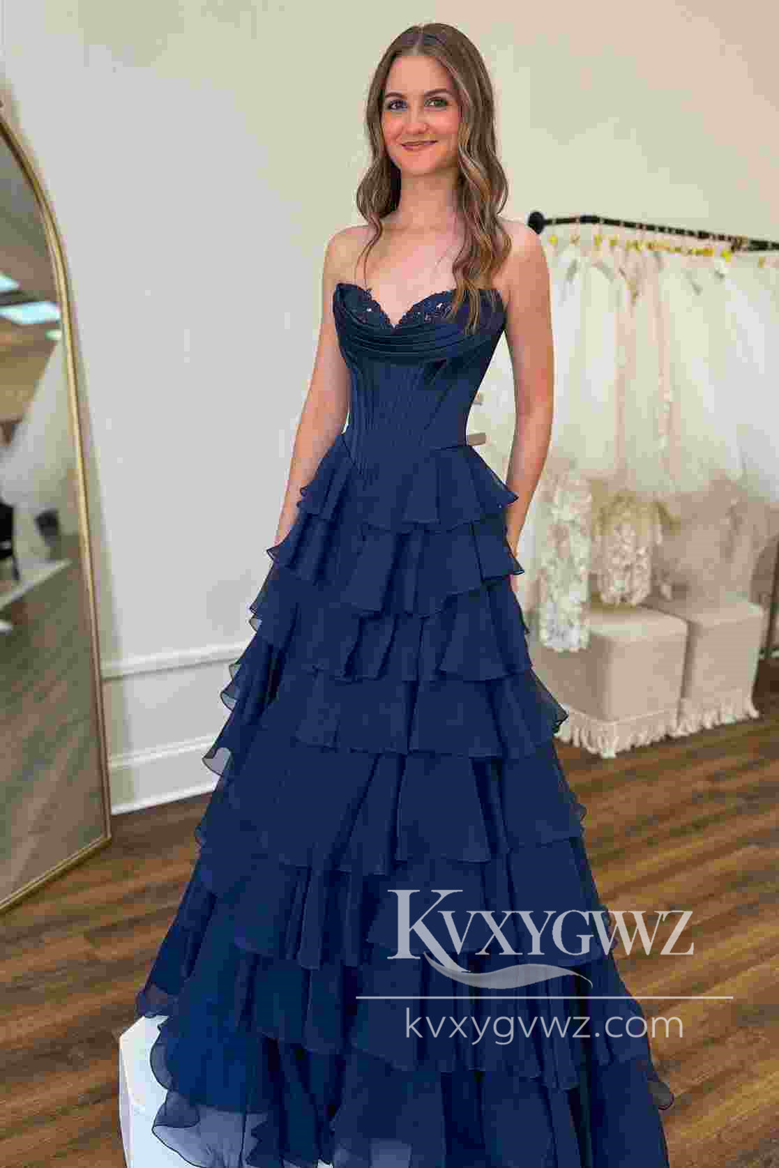Stunning A Line Yellow Evening Gown Sweetheart Chiffon Tiered Long Prom Dress LF1200