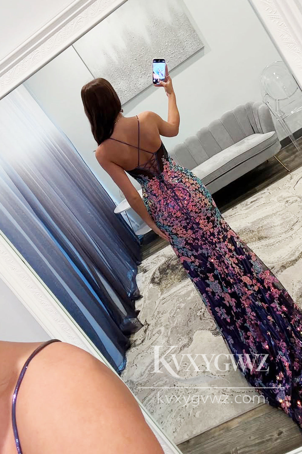 Mermaid Spaghetti Straps Evening Gown Sequin Lace Long Prom Dress with Slit LF1201