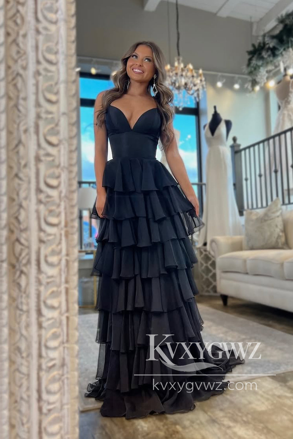 A-Line V Neck Evening Gown Black Satin Ruffle Tiered Long Prom Dress LF1204