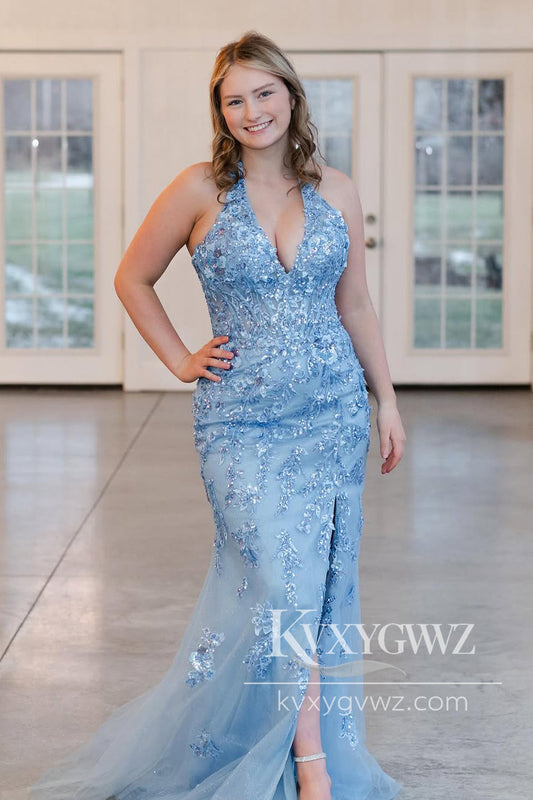 Mermaid Halter Evening Gown Blue Sequin Lace Long Prom Dress with Slit LF1205
