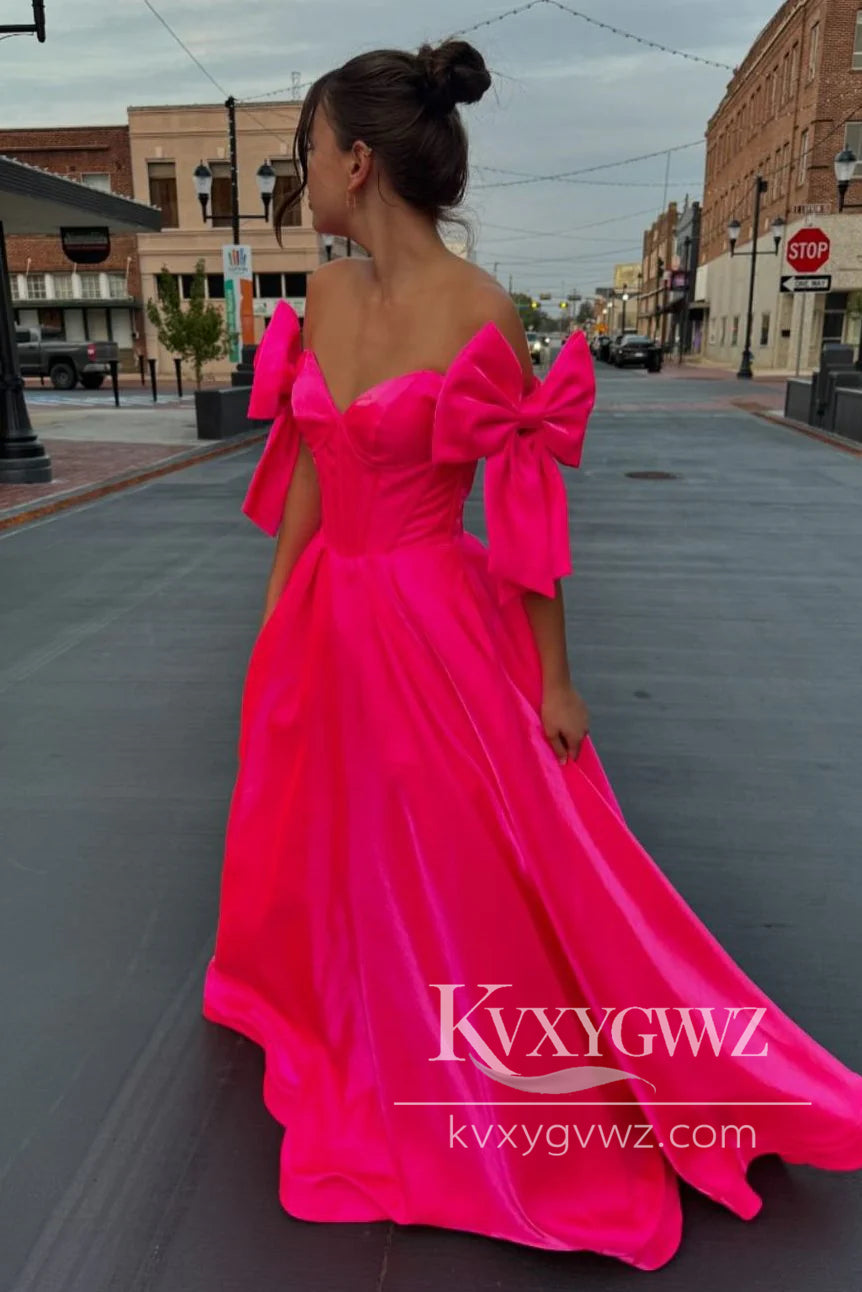 Fairy Ball Gown Off the Shoulder Evening Gown Pink Satin Prom Dress with Bow LF1206