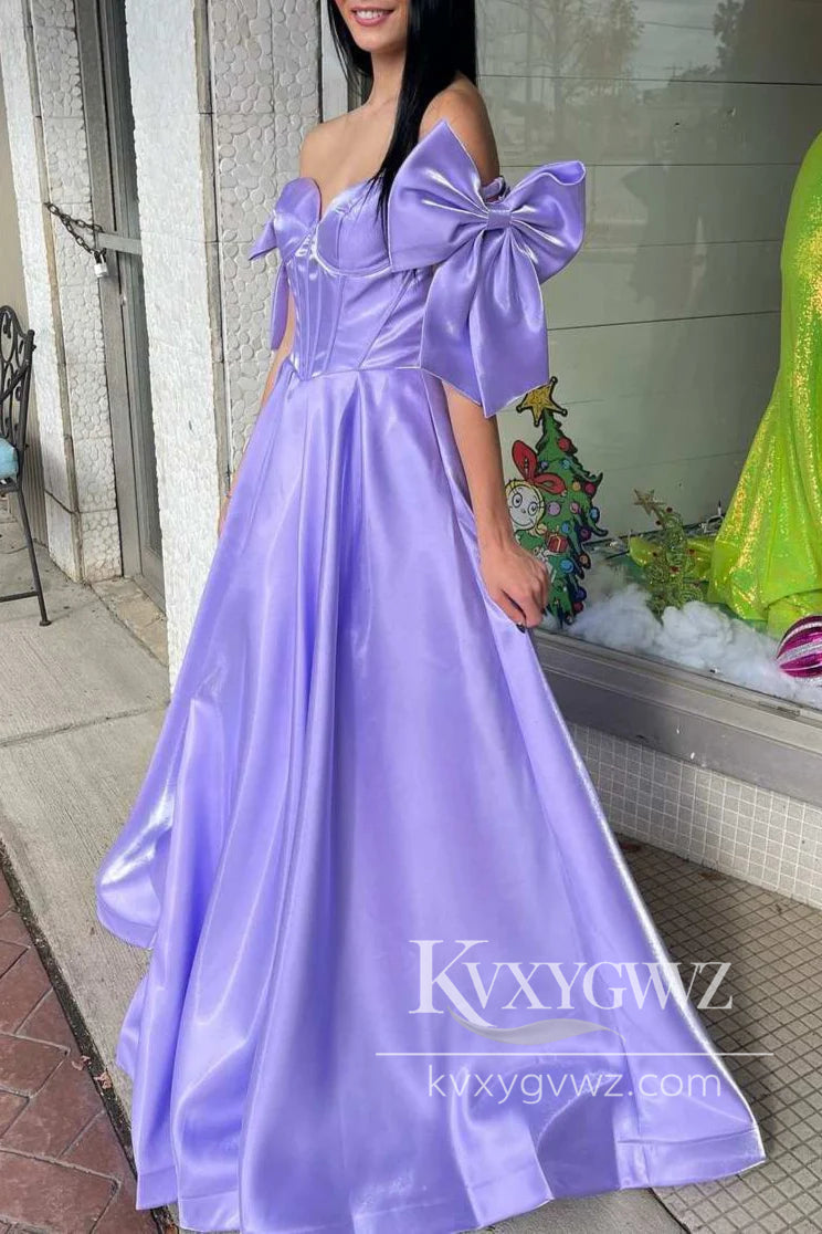 Fairy Ball Gown Off the Shoulder Evening Gown Pink Satin Prom Dress with Bow LF1206