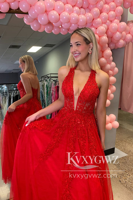 A-Line Halter Evening Gown Red Tulle Long Prom Dress with Appliques LF1207