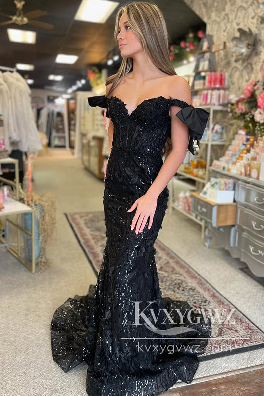 Stunning Mermaid Evening Gown Off the Shoulder Black Sequins Lace Prom Dress LF1208