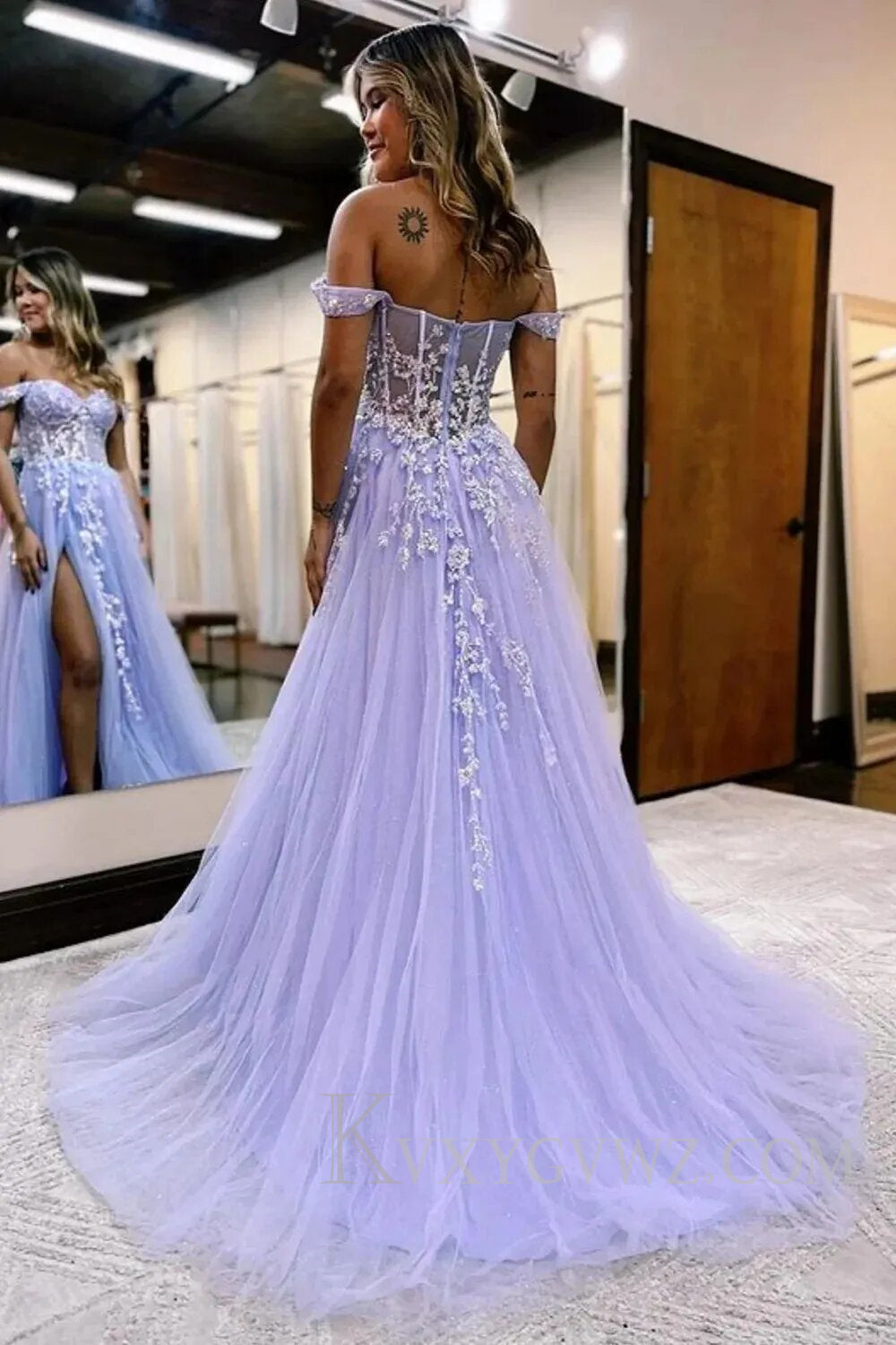 Sparkly Lilac Sequins Corset A-Line Long Prom Dress with Slit LF121