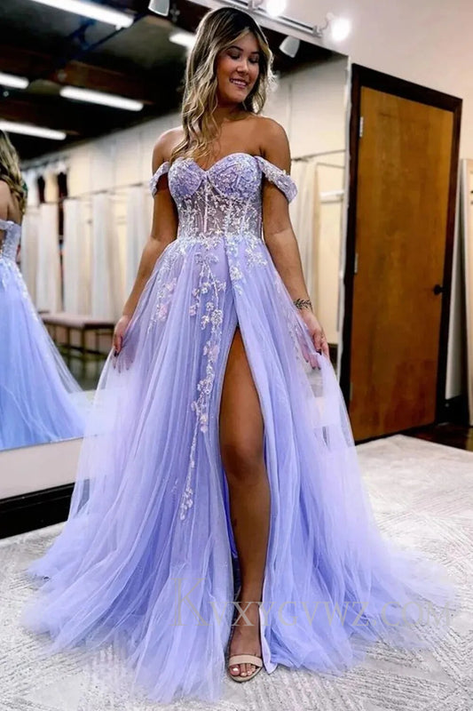 Sparkly Lilac Sequins Corset A-Line Long Prom Dress with Slit LF121