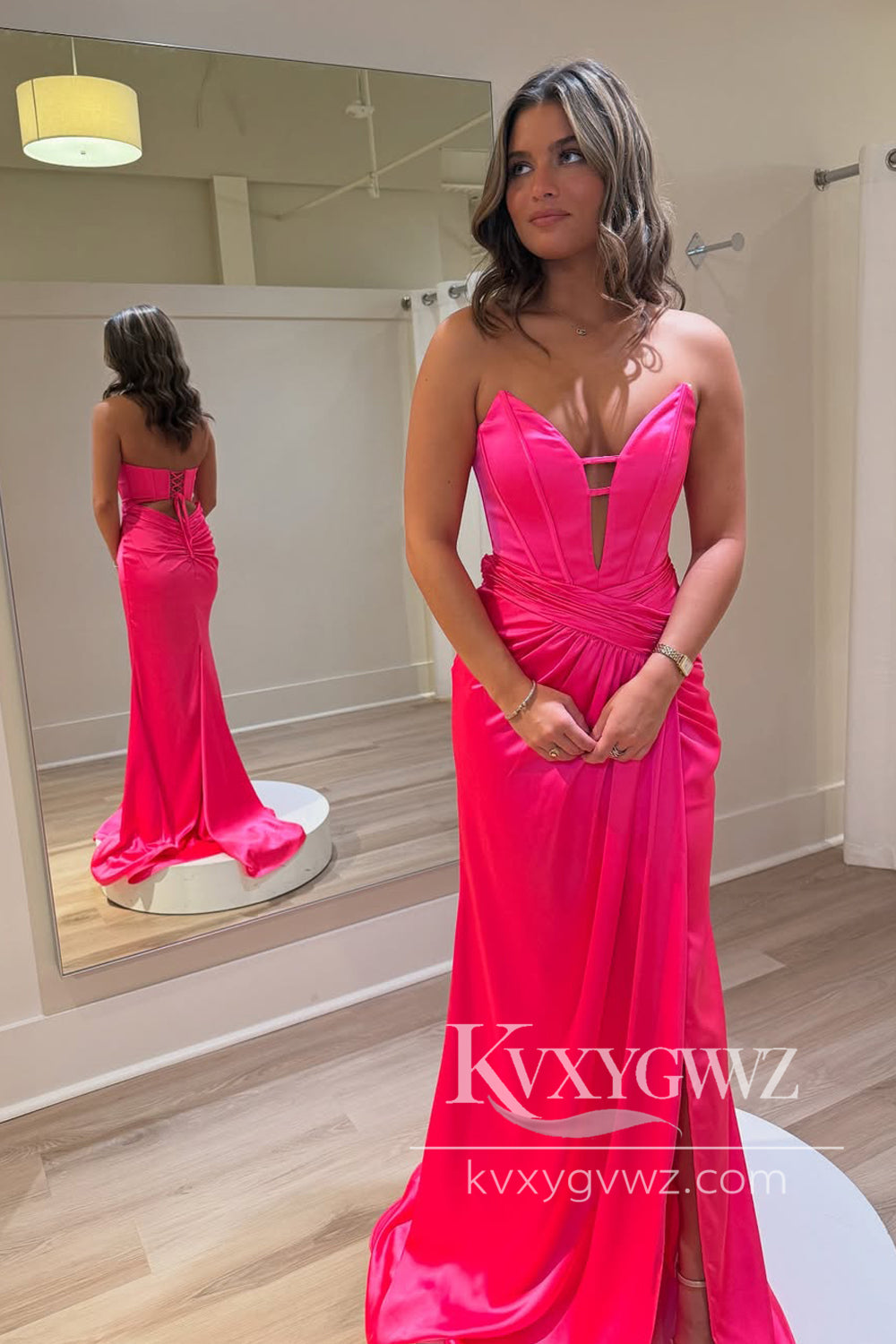 Mermaid V Neck Evening Gown Hot Pink Satin Prom Dress with Slit LF1210
