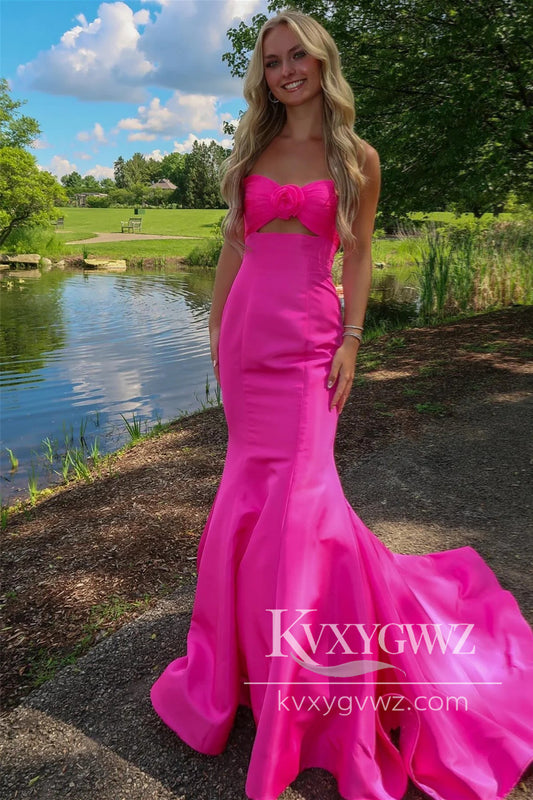 Mermaid Sweetheart Keyhole Evening Gown Pink Satin Prom Dress with Bow LF1211