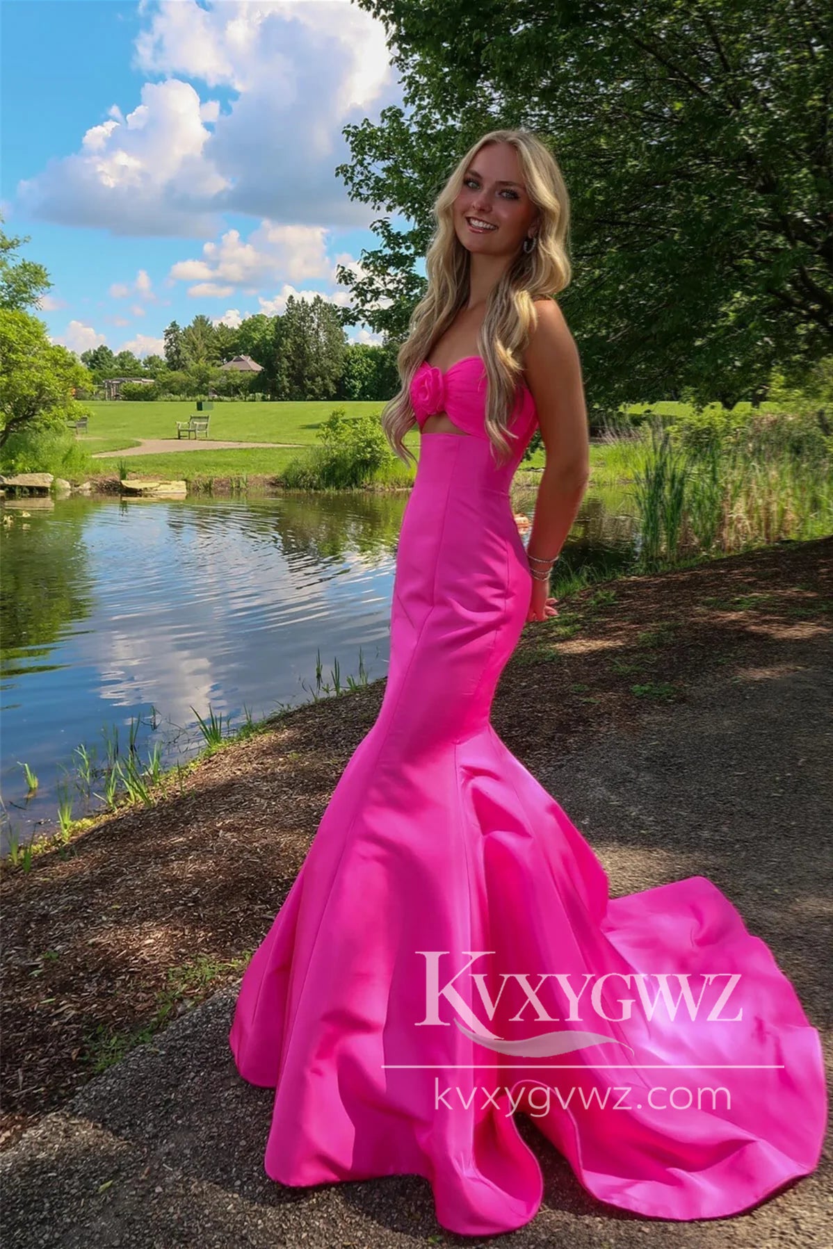 Mermaid Sweetheart Keyhole Evening Gown Pink Satin Prom Dress with Bow LF1211