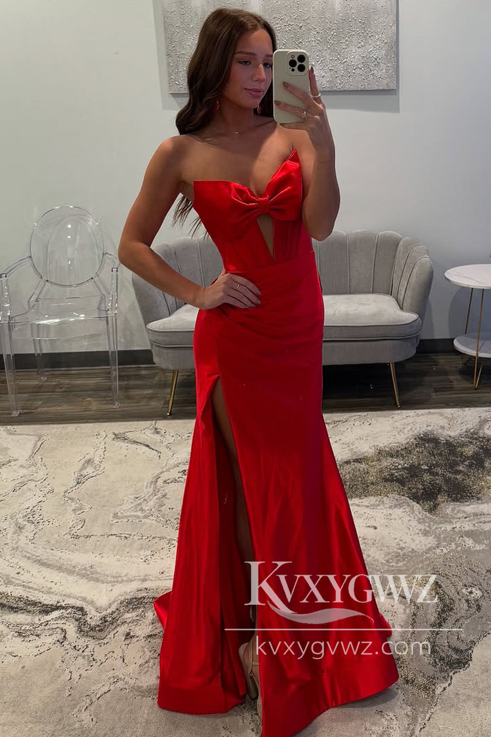 Mermaid Strapless Keyhole Evening Gown Red Satin Long Prom Dress with Slit LF1212