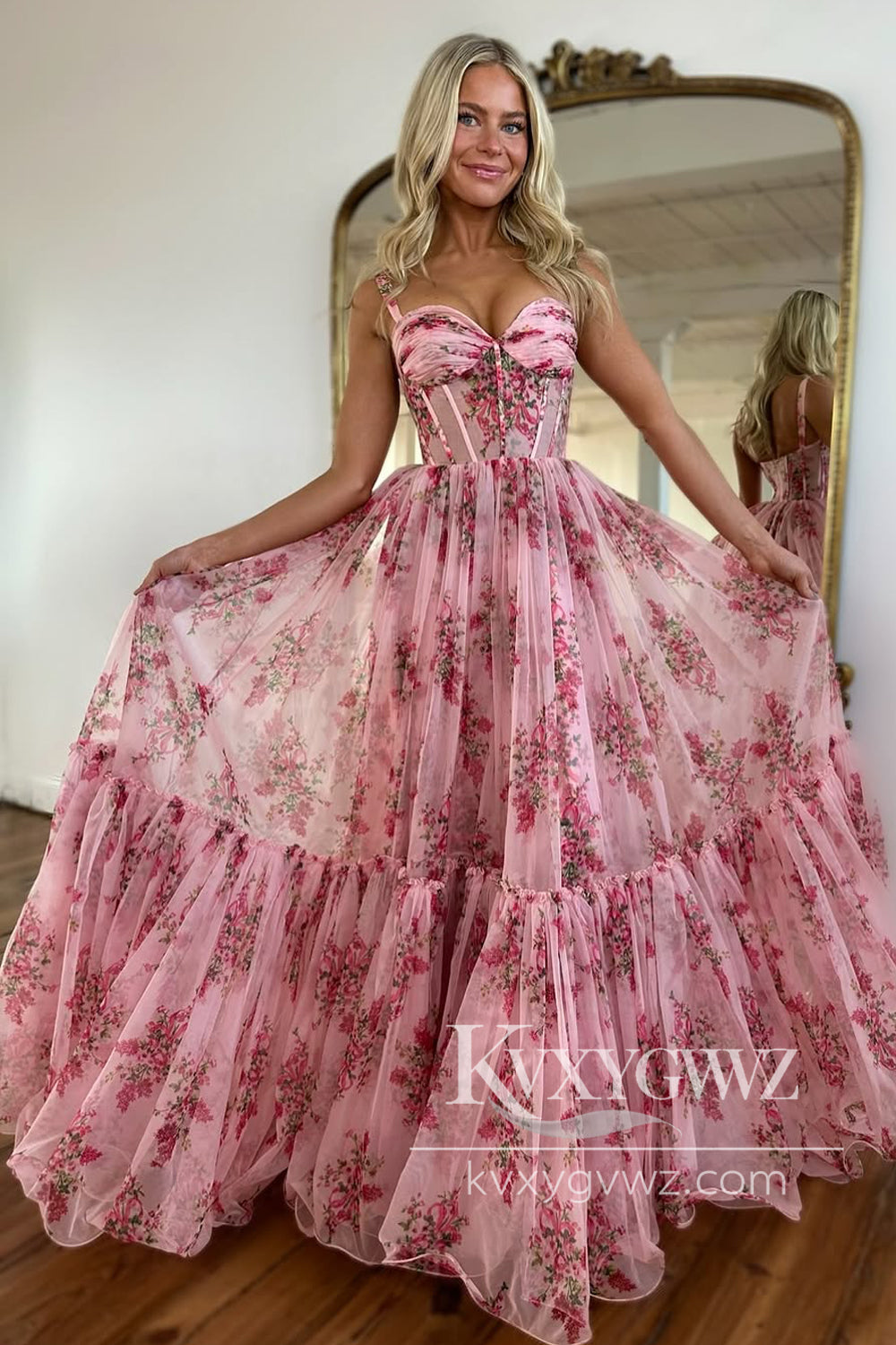 A-Line Sweetheart Pink Evening Gown Floral Printed Chiffon Long Prom Dress LF1213