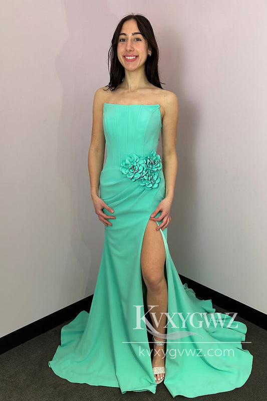 Mermaid Strapless Evening Gown Mint Satin Long Prom Dress with Slit LF1214