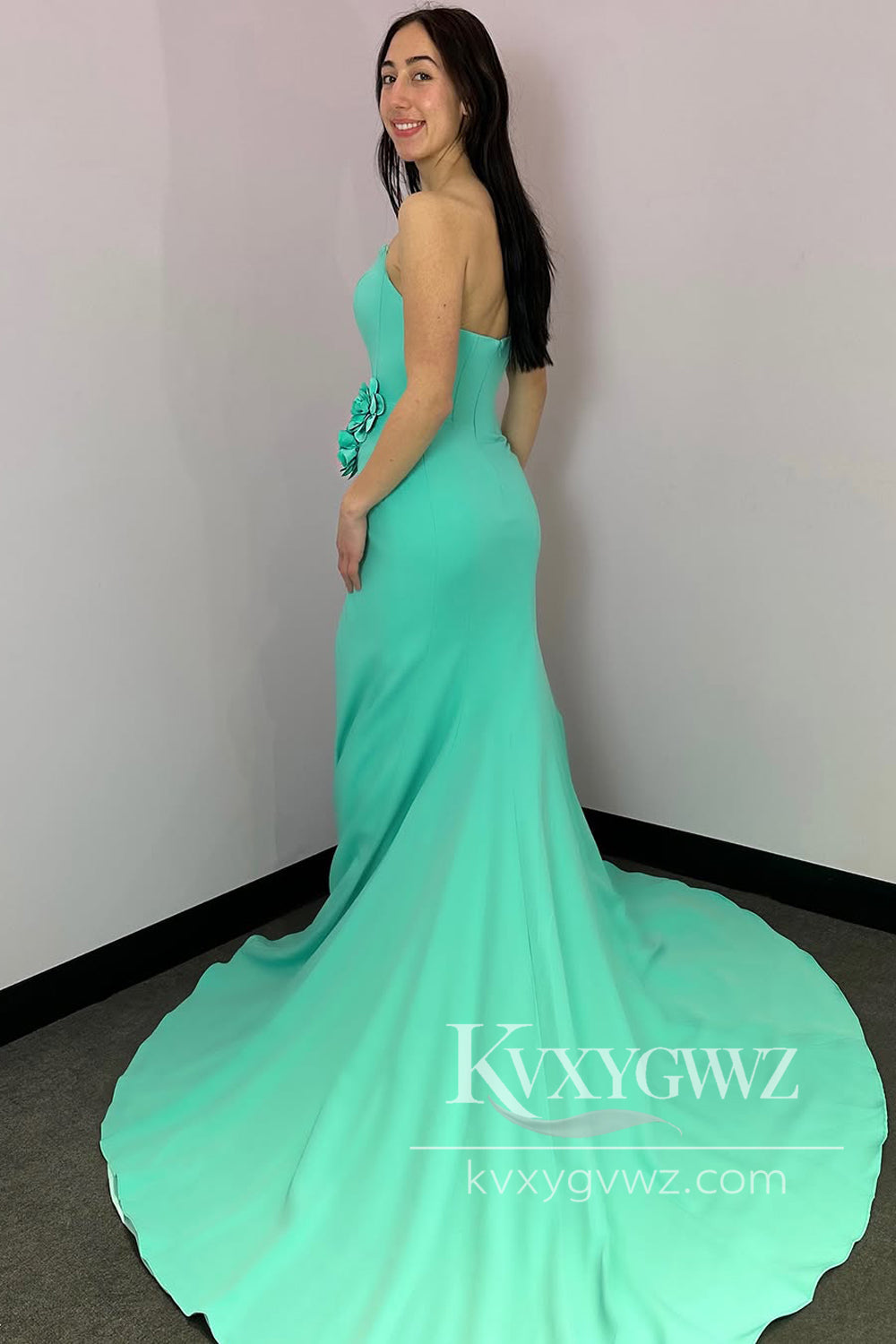 Mermaid Strapless Evening Gown Mint Satin Long Prom Dress with Slit LF1214