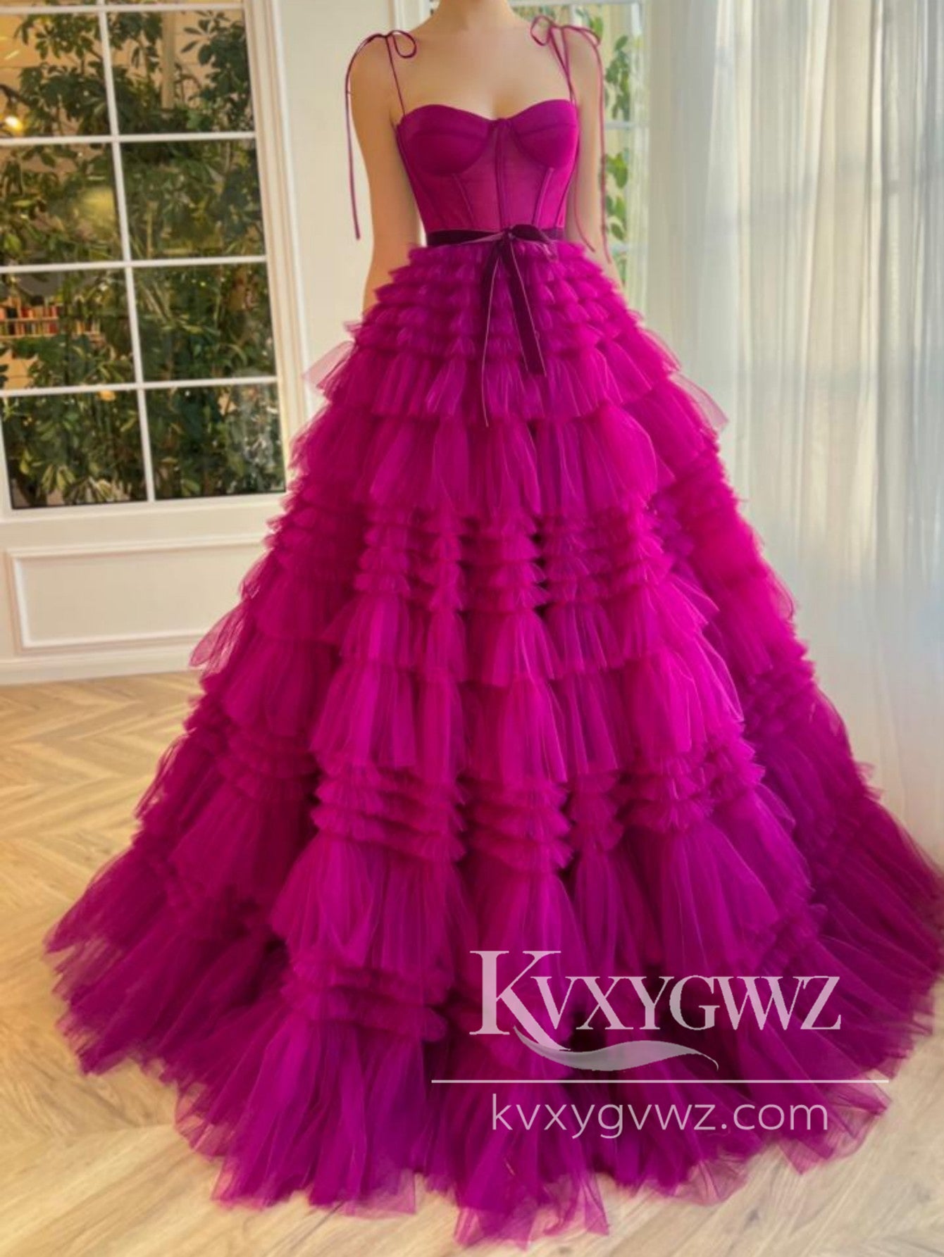 Fashion A Line Sweetheart Evening Gown Fuchsia Spaghetti Strap Tiered Tulle Prom Dress LF1215