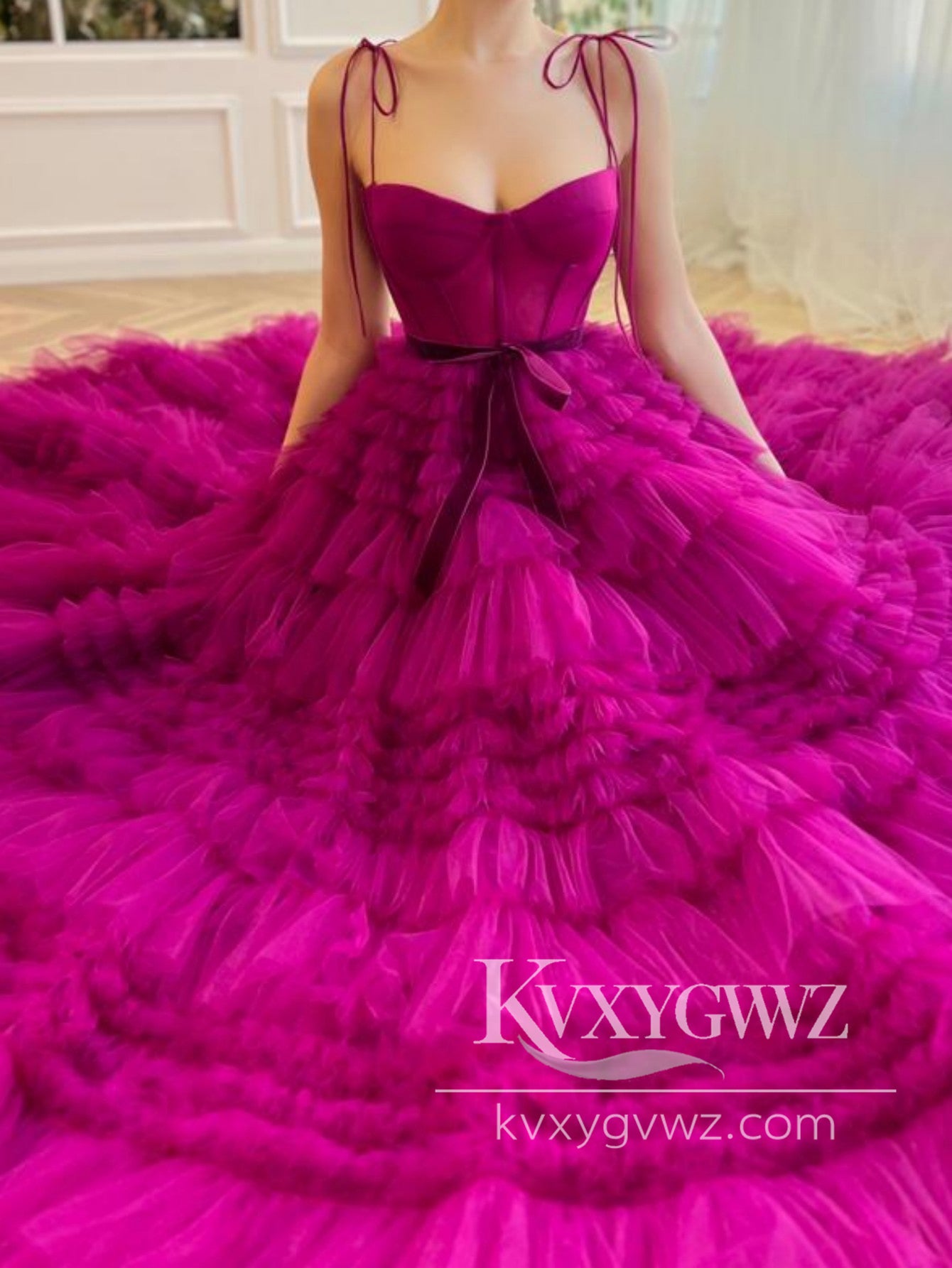 Fashion A Line Sweetheart Evening Gown Fuchsia Spaghetti Strap Tiered Tulle Prom Dress LF1215