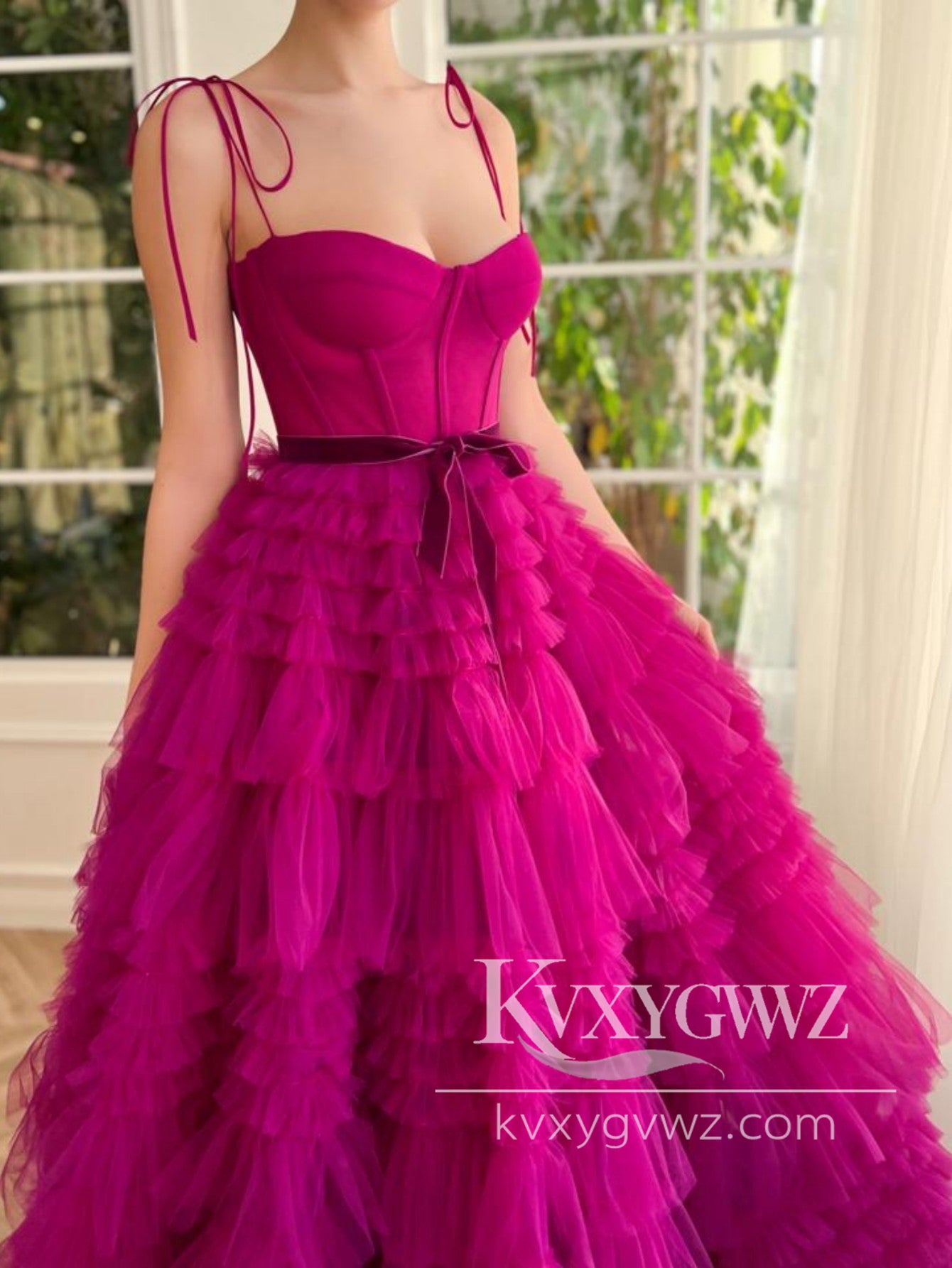 Fashion A Line Sweetheart Evening Gown Fuchsia Spaghetti Strap Tiered Tulle Prom Dress LF1215