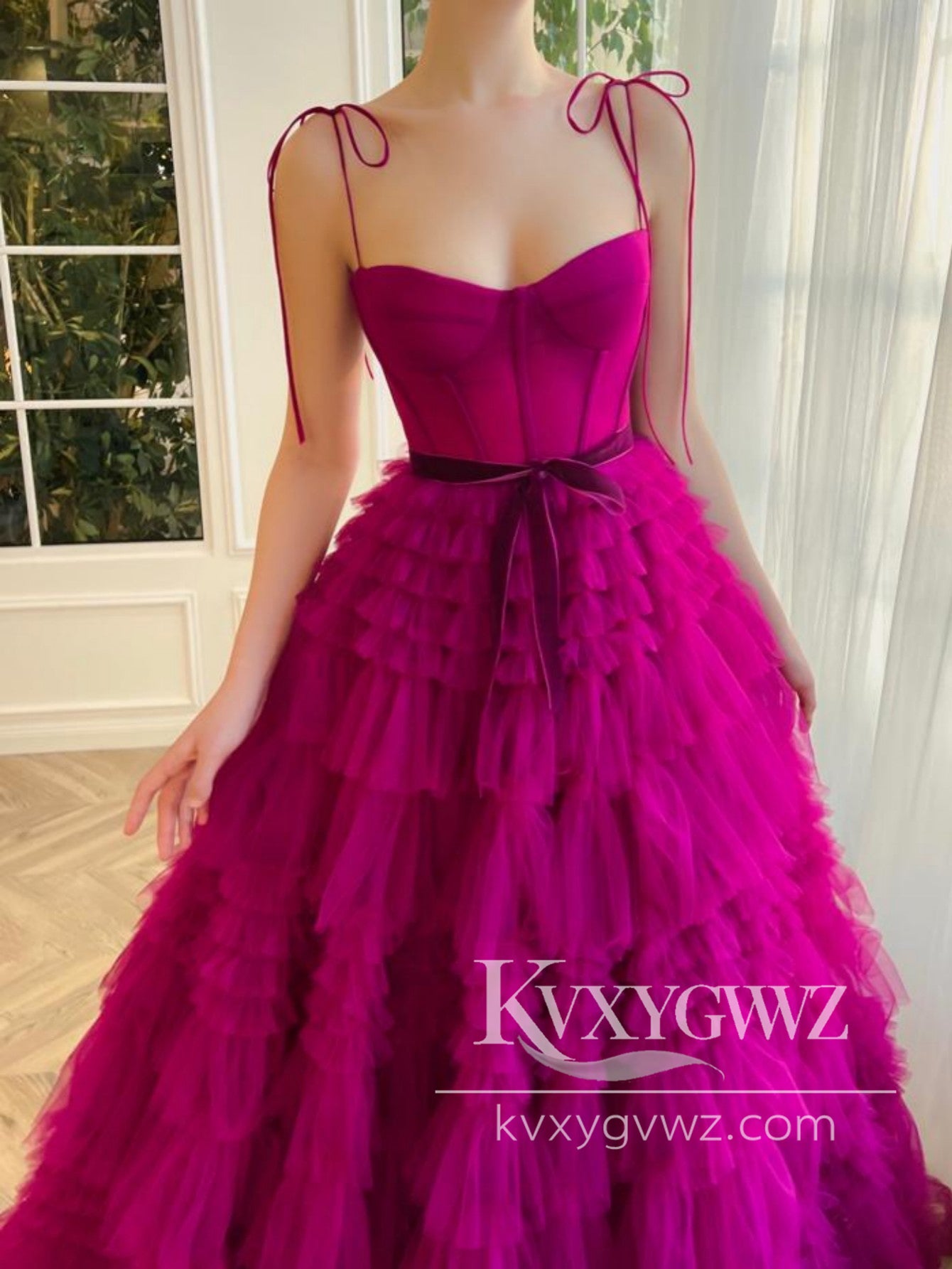 Fashion A Line Sweetheart Evening Gown Fuchsia Spaghetti Strap Tiered Tulle Prom Dress LF1215