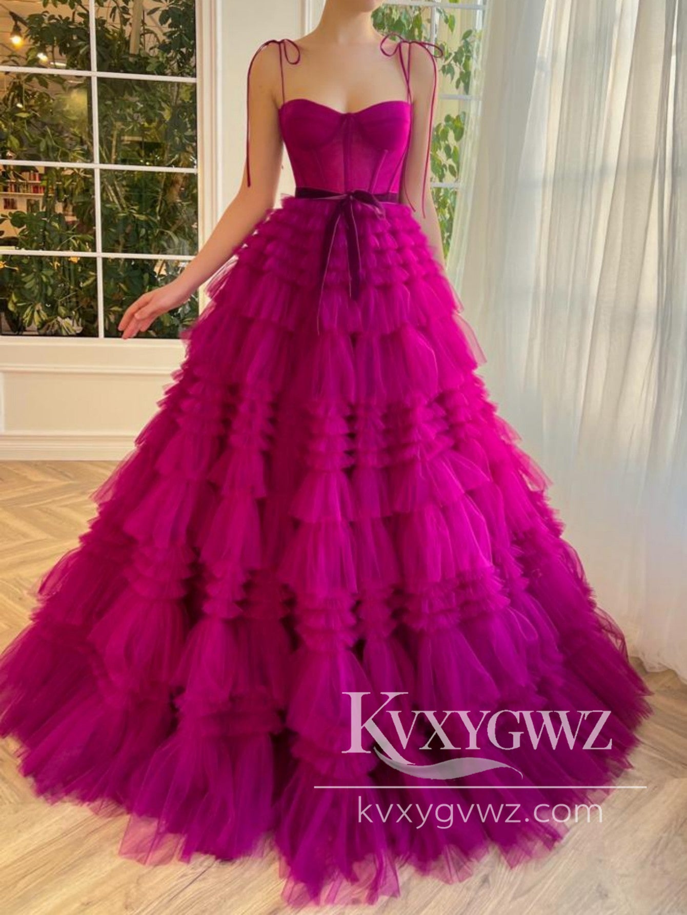 Fashion A Line Sweetheart Evening Gown Fuchsia Spaghetti Strap Tiered Tulle Prom Dress LF1215
