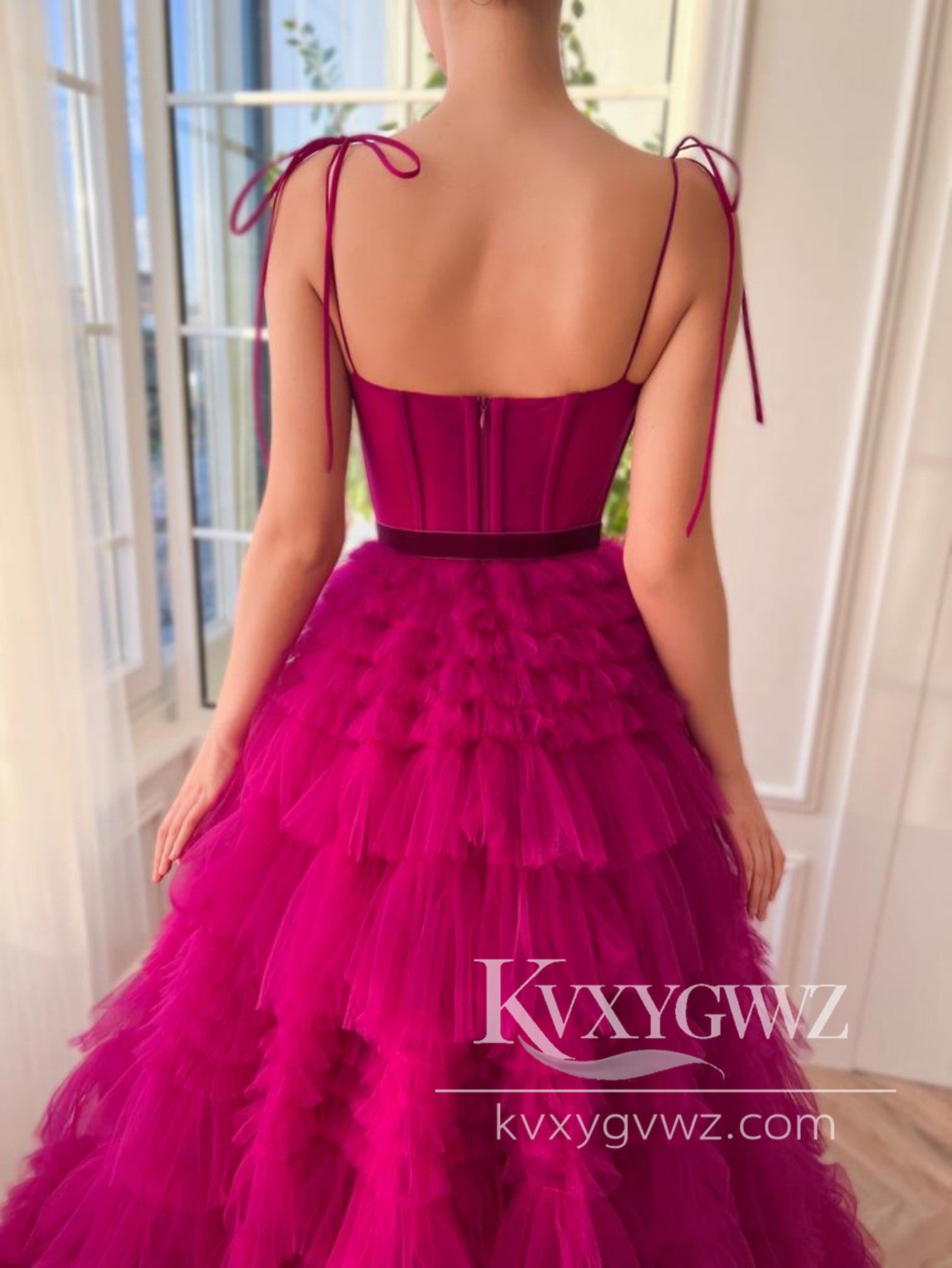 Fashion A Line Sweetheart Evening Gown Fuchsia Spaghetti Strap Tiered Tulle Prom Dress LF1215