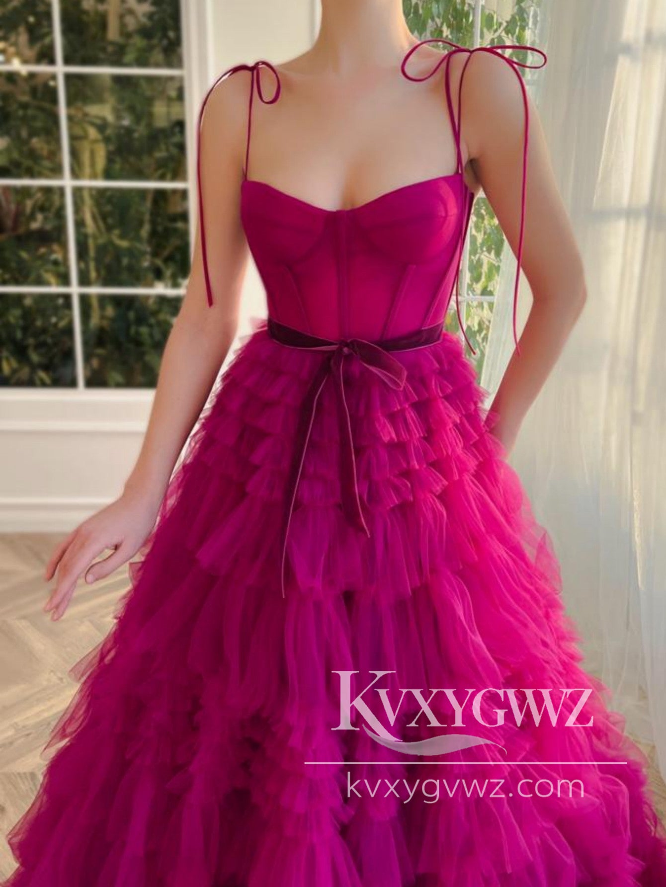 Fashion A Line Sweetheart Evening Gown Fuchsia Spaghetti Strap Tiered Tulle Prom Dress LF1215