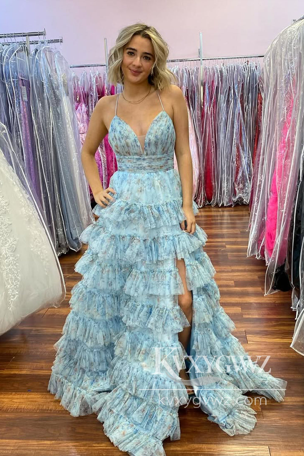 Fairy A Line V Neck Evening Gown Floral Printed Tiered Tulle Prom Dress with Slit LF1217