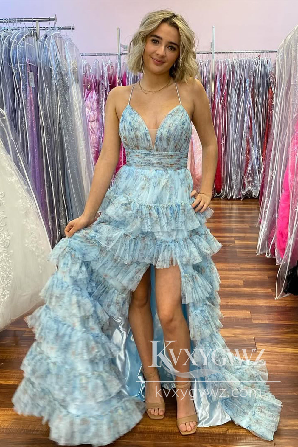 Fairy A Line V Neck Evening Gown Floral Printed Tiered Tulle Prom Dress with Slit LF1217