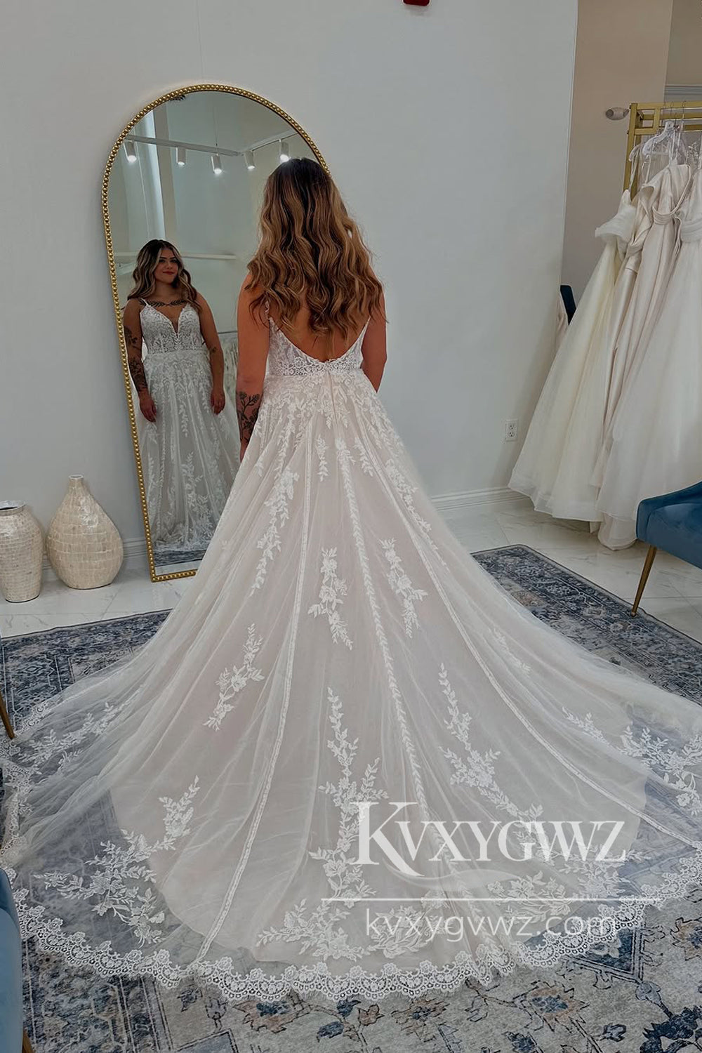 A-Line V Neck Evening Gown Ivory Tulle Lace Wedding Dresses LF1218