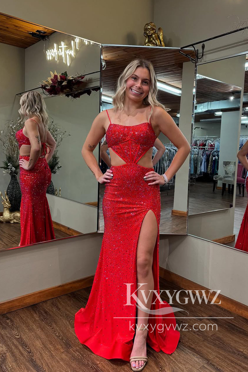 Dazzling Fashion Mermaid Evening Gown Red Satin Long Prom Dress with Beading LF1219