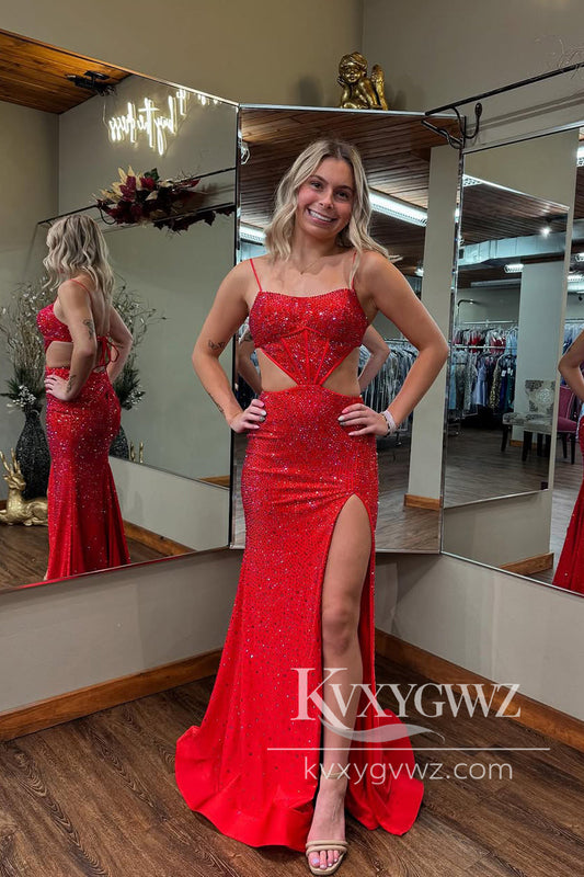 Dazzling Fashion Mermaid Evening Gown Red Satin Long Prom Dress with Beading LF1219