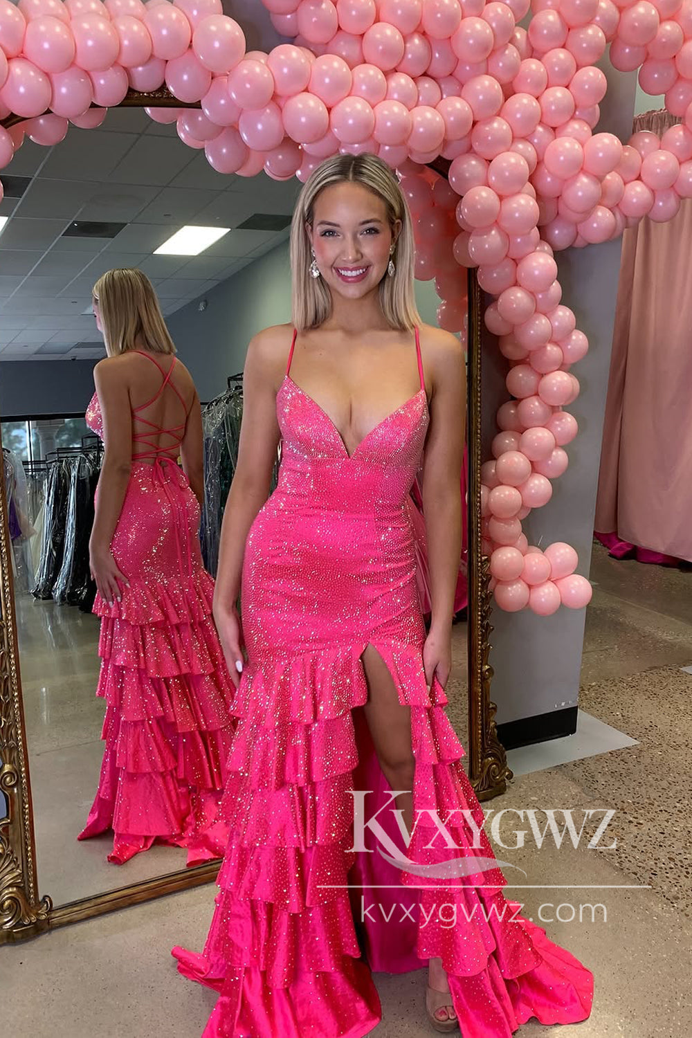 Mermaid V Neck Fuchsia Ruffle Tiered Long Prom Dress Gown with Slit LF1220