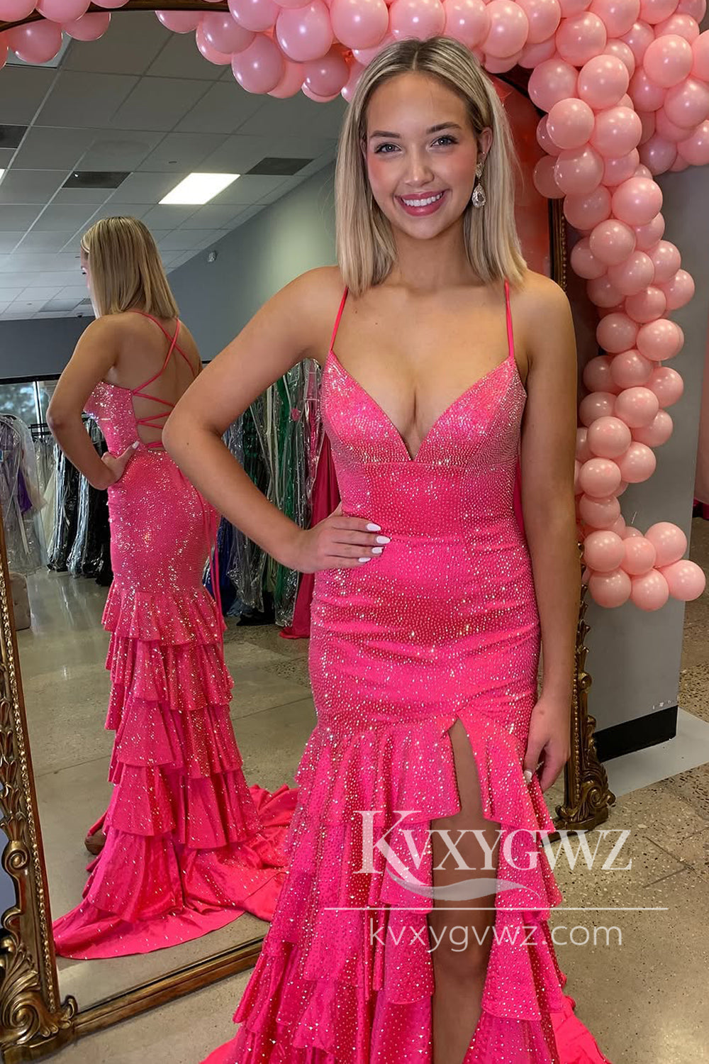 Mermaid V Neck Fuchsia Ruffle Tiered Long Prom Dress Gown with Slit LF1220