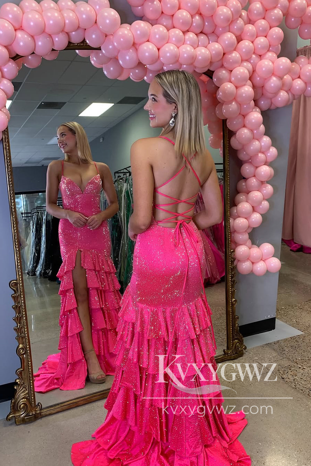 Mermaid V Neck Fuchsia Ruffle Tiered Long Prom Dress Gown with Slit LF1220