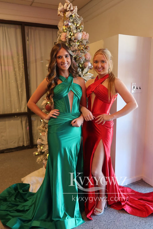 Stunning Mermaid Evening Gown Halter Sweep Train Green Satin Slit Prom Dress LF1221