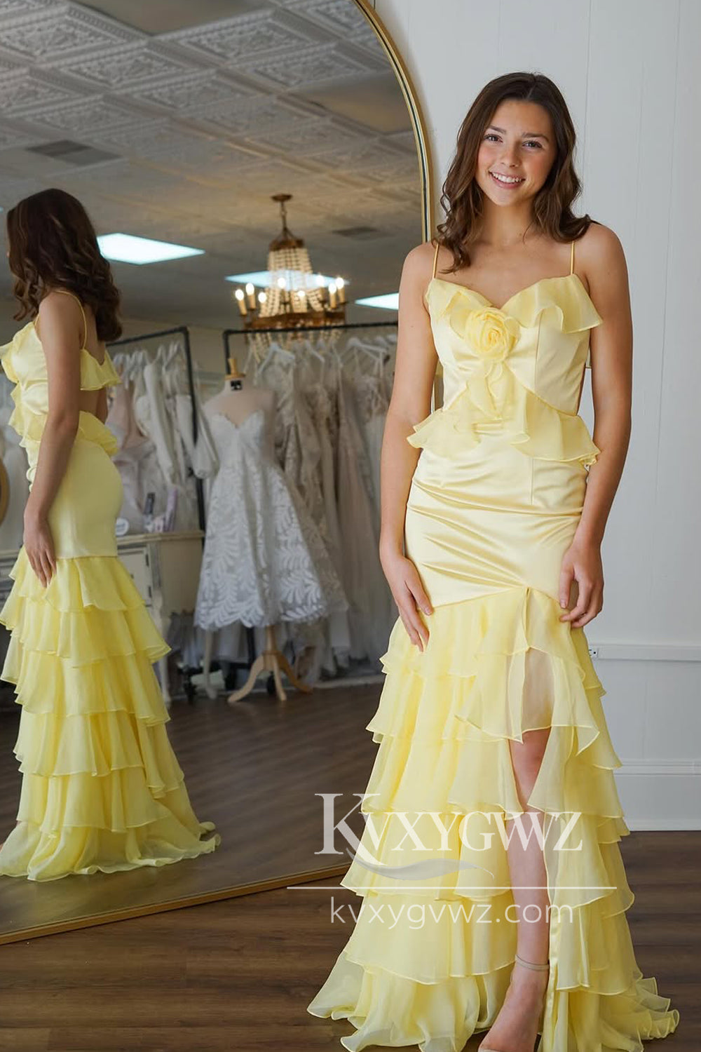 Mermaid Spaghetti Straps Evening Gown Yellow Ruffle Chiffon Long Prom Dress with Slit LF1222
