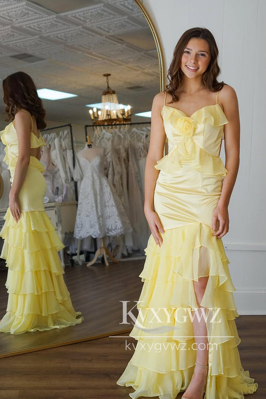Mermaid Spaghetti Straps Evening Gown Yellow Ruffle Chiffon Long Prom Dress with Slit LF1222