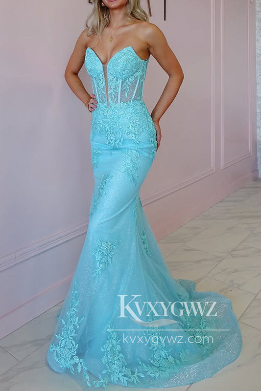 Mermaid Sweetheart Evening Gown Blue Tulle Long Prom Dress with Appliques LF1223