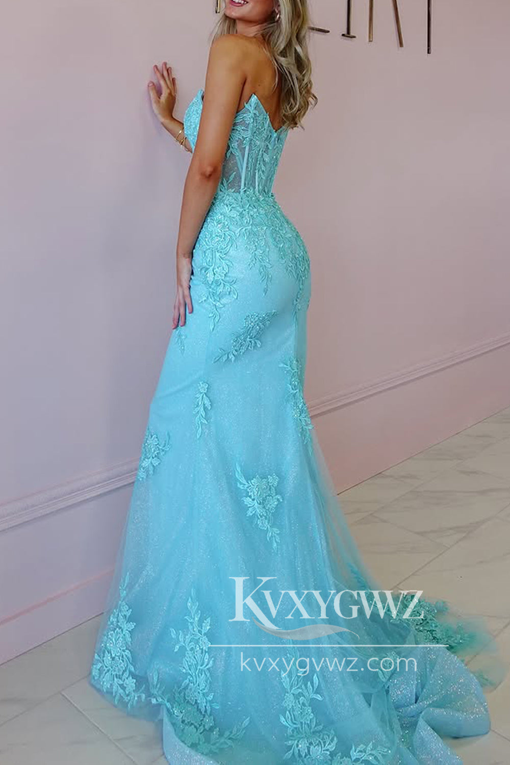 Mermaid Sweetheart Evening Gown Blue Tulle Long Prom Dress with Appliques LF1223