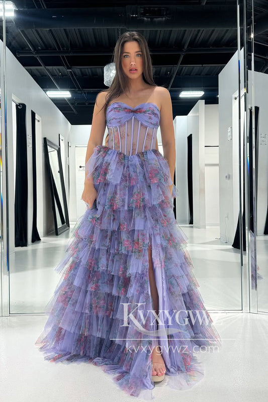 A-Line Sweetheart Evening Gown Floral Printed Ruffle Tiered Long Prom Dress with Slit LF1225
