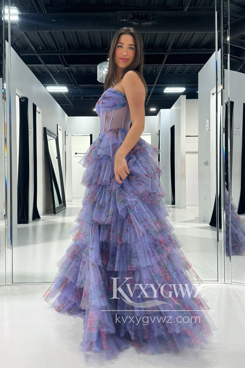 A-Line Sweetheart Evening Gown Floral Printed Ruffle Tiered Long Prom Dress with Slit LF1225