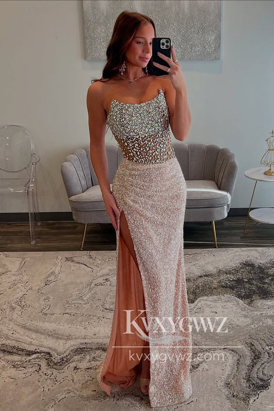 Mermaid Strapless Evening Gown Blush Pink Sequins Long Prom Dress with Slit LF1226