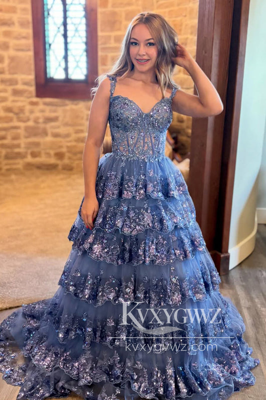 Gogeous A Line Sweetheart Evening Gown Navy Tulle Sequins Prom Dress LF1227