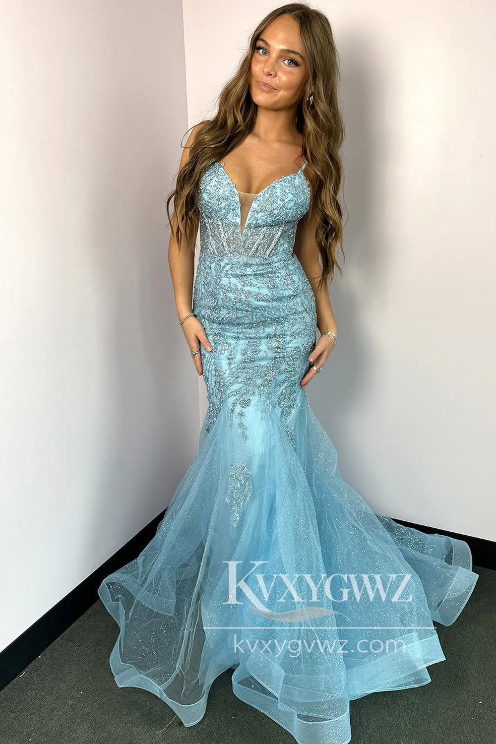 Glamorous Mermaid Evening Gown V Neck Blue Lace Prom Dress with Beading LF1228