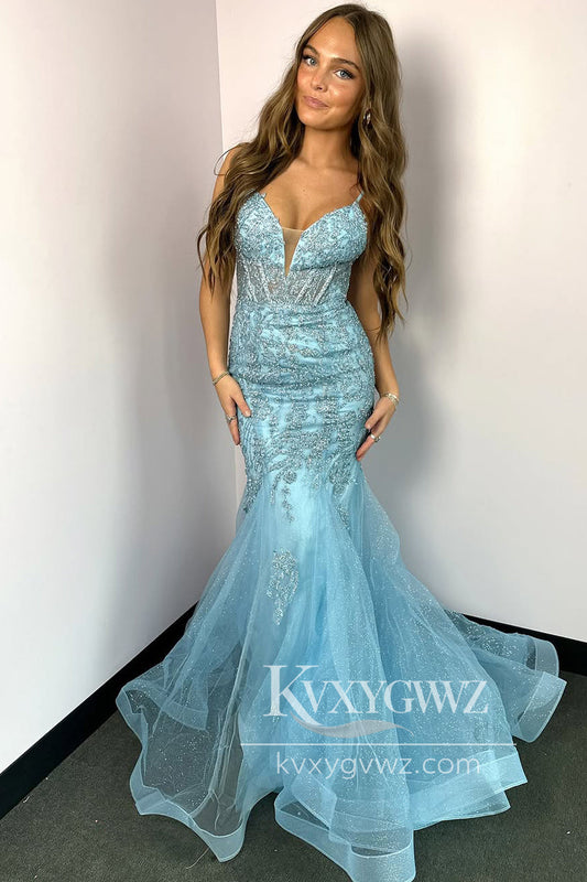 Glamorous Mermaid Evening Gown V Neck Blue Lace Prom Dress with Beading LF1228