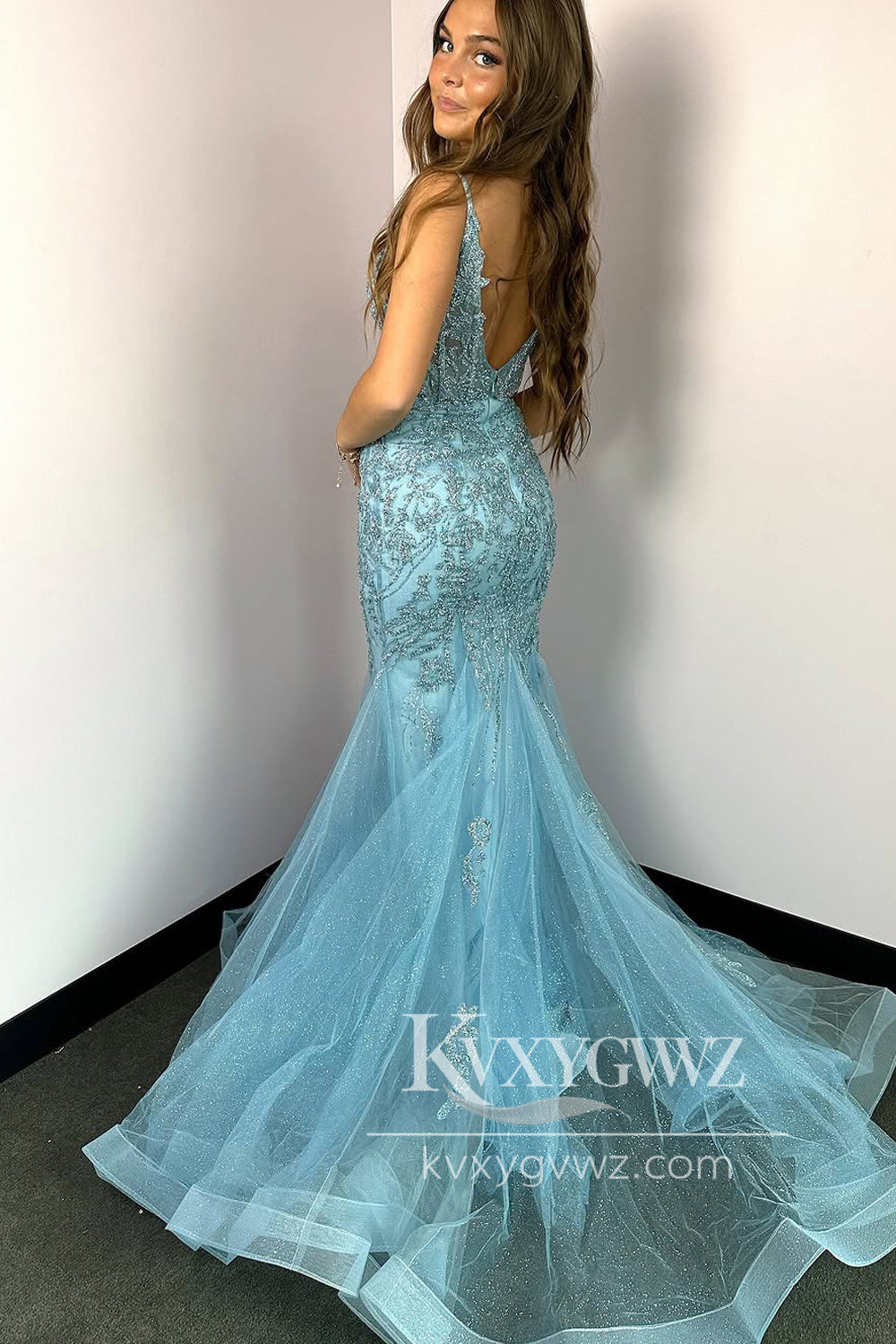 Glamorous Mermaid Evening Gown V Neck Blue Lace Prom Dress with Beading LF1228