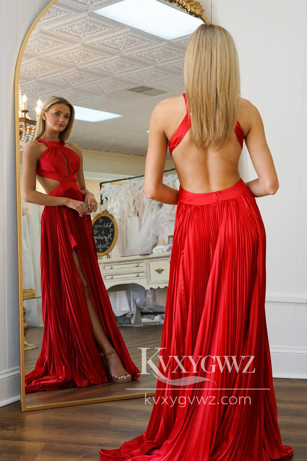 A-Line Halter keyhole Cutouts Evening Gown Red Satin Pleated Long Prom Dress with Slit LF1229