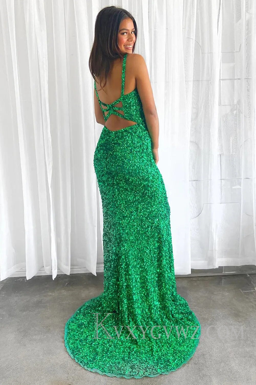 Sparkly Green Sequins Long Sweep Train Prom Dress with Slit LF123